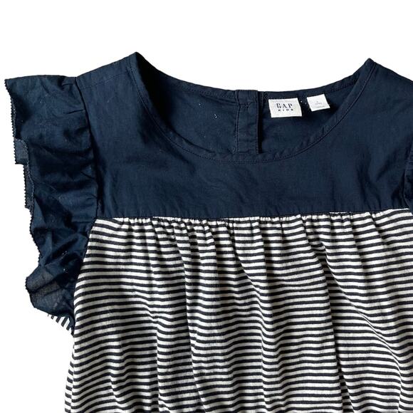 Girls L 10 GAP Kids Navy Blue White Ruffle Flutter Sleeve Stripe Summer Dress - Picture 5 of 5